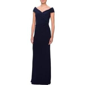 New La Femme 26519 Ruched Surplice Jersey Gown In Navy Size 14 Retail $389